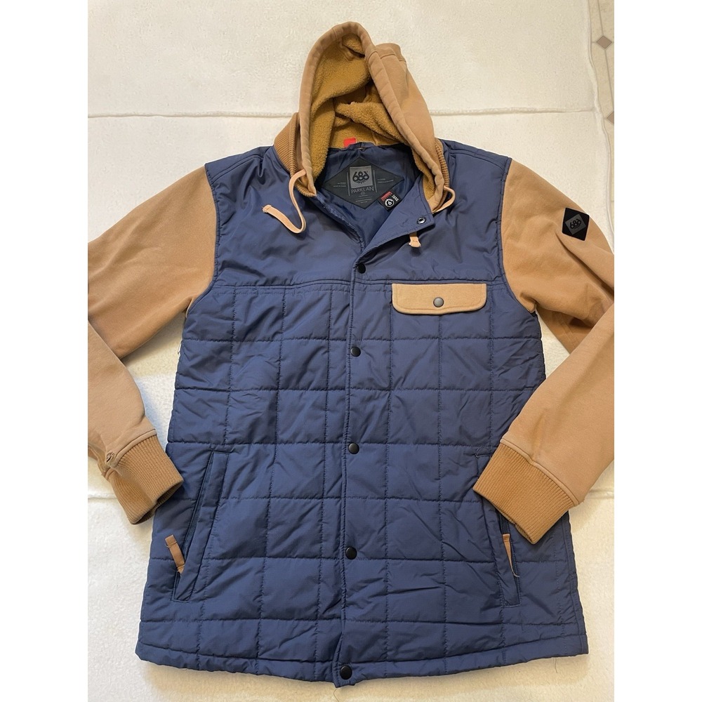 686 Quilted Parklan Jacket Mens Size L Insulated Hoodie Blue Tan Snowboard Ski